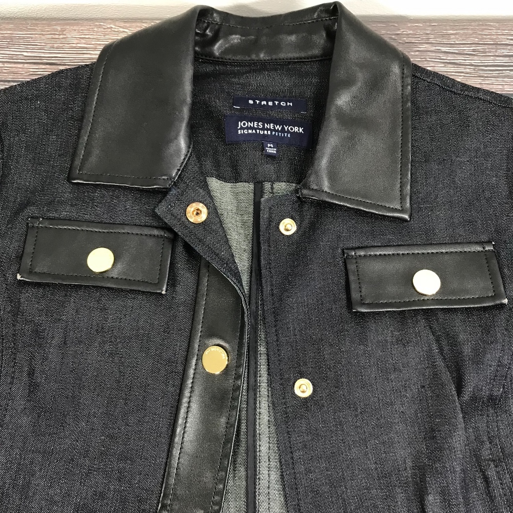 Jones New York Dark Wash Denim Leather Hem Jacket - Picture 2 of 5